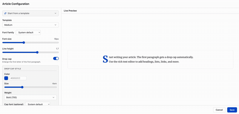 Configuring the Article macro — choosing a reading template.