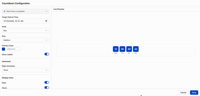 Countdown timer configuration.