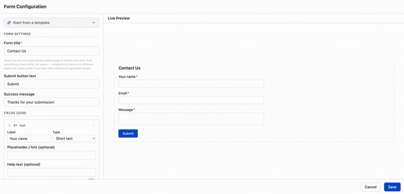 Form builder configuration — choosing field types.