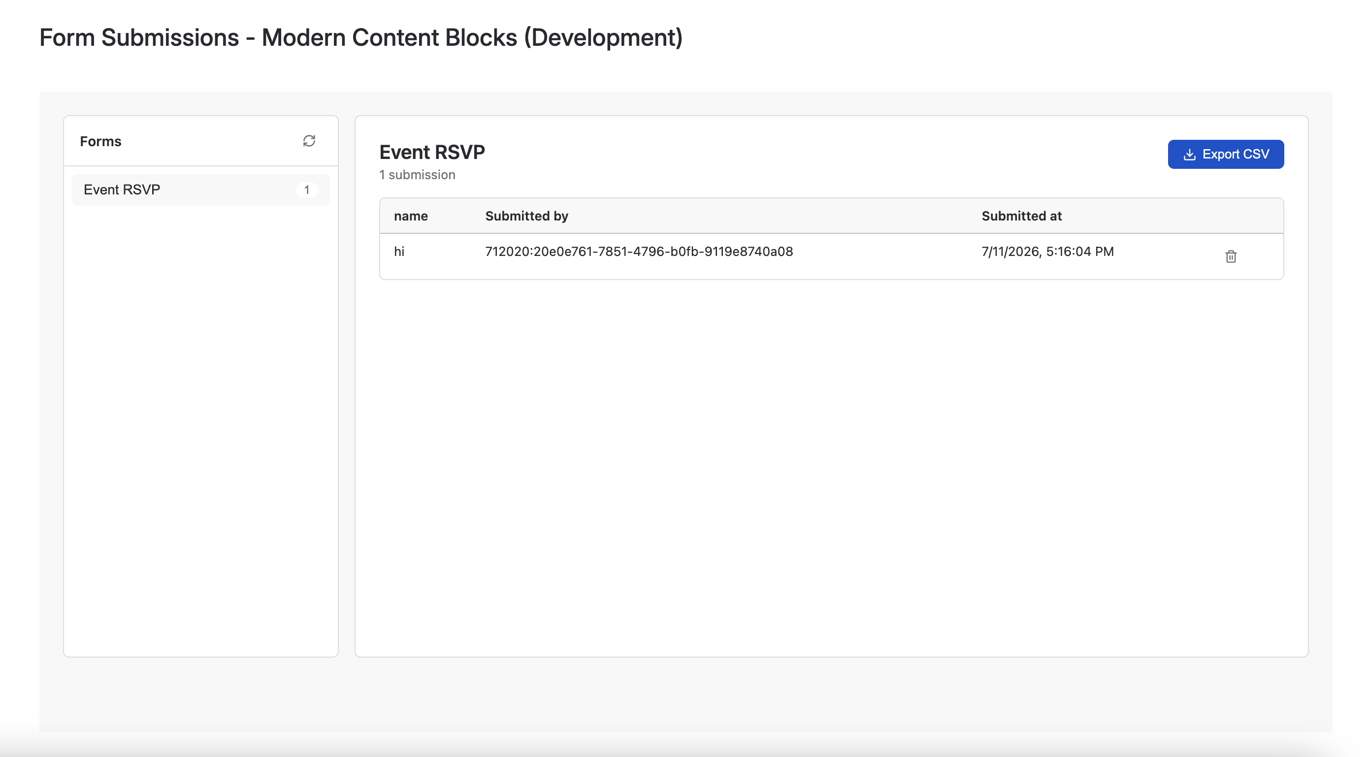 Form submissions dashboard.