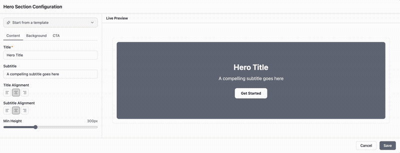 Configuring the Hero Section — full-width header with CTA buttons.