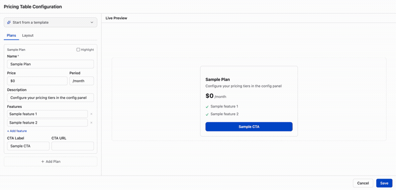 Pricing table configuration.