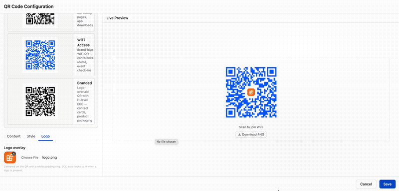 QR Code configuration — choosing content type and appearance.
