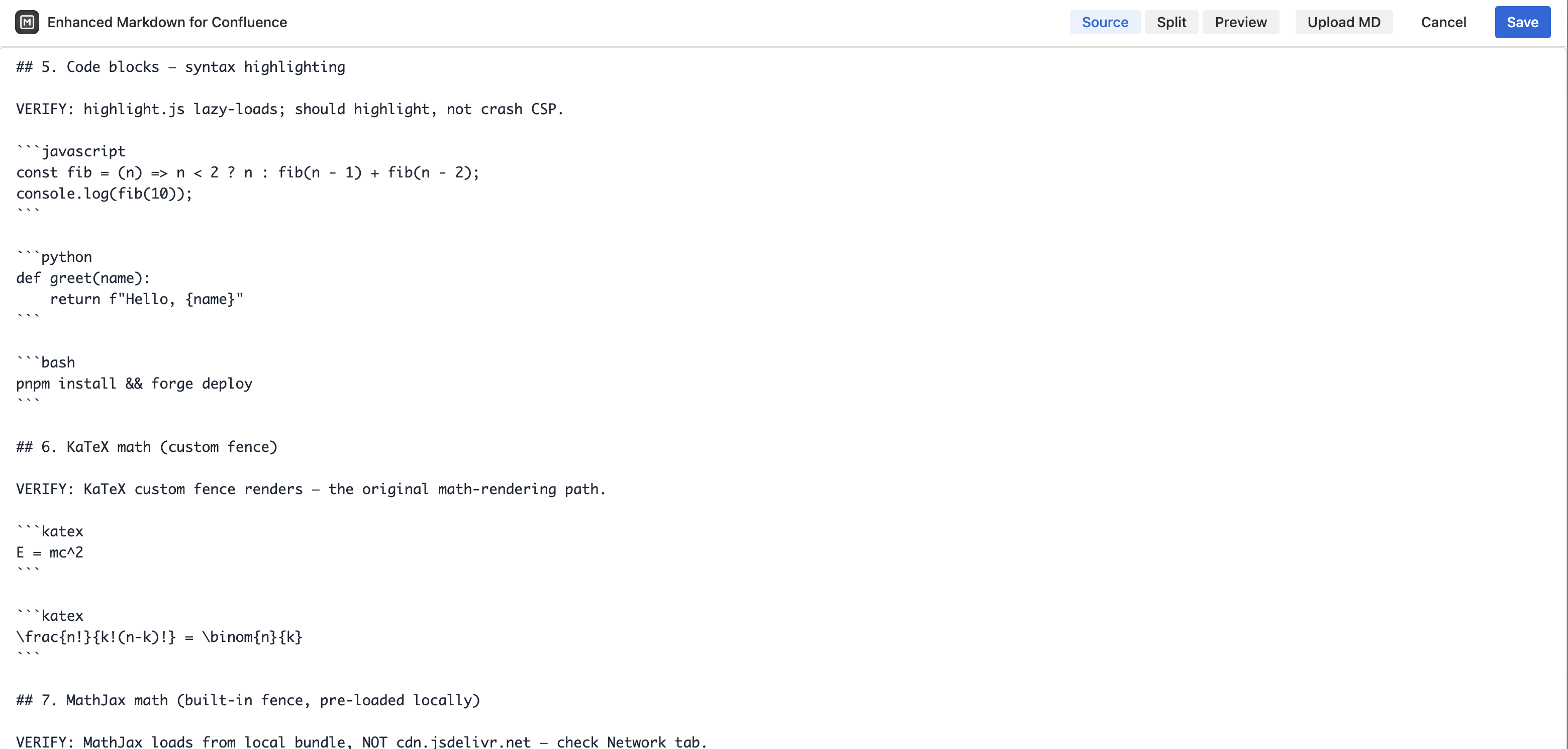 Source view — full-width Markdown editing when you want maximum space to write.