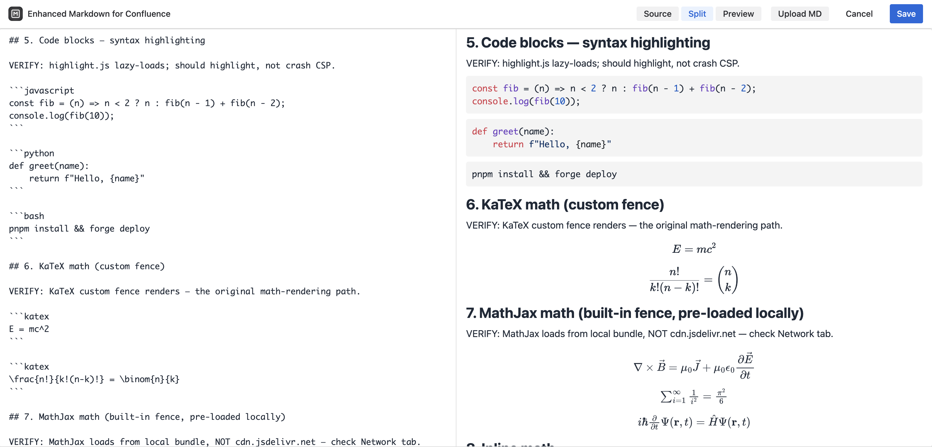 Split view editing in Enhanced Markdown — Markdown source on the left, live rendered preview on the right showing a Mermaid diagram, a highlighted code block, and a LaTeX formula.